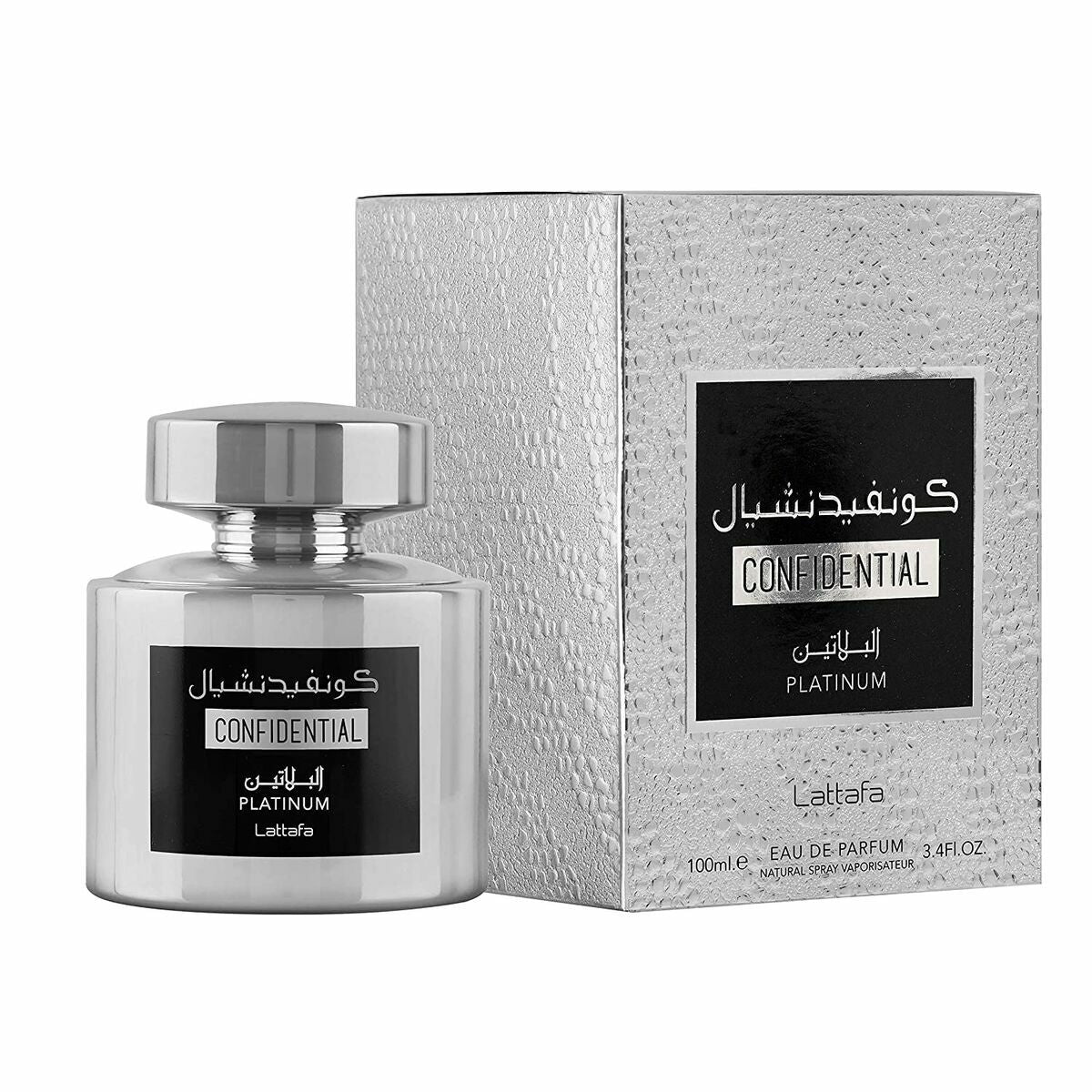 Lattafa Confidential Platinum – Perfume Árabe Moderno 100 ml | Cítrico · Amaderado · Misterio