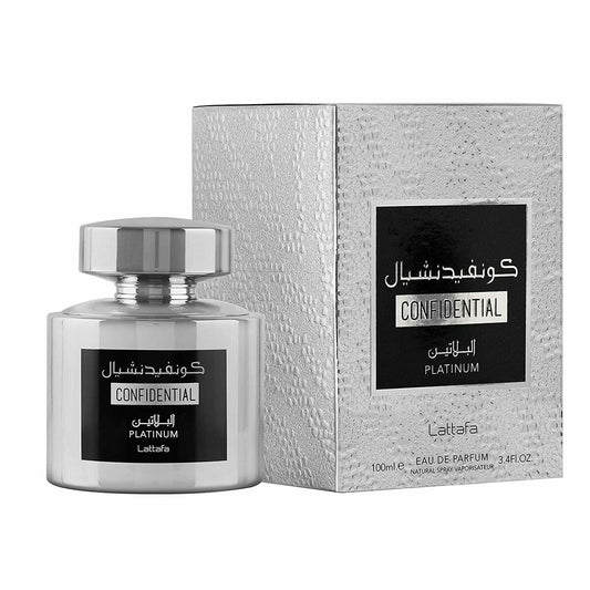 Lattafa Confidential Platinum – Perfume Árabe Moderno 100 ml | Cítrico · Amaderado · Misterio